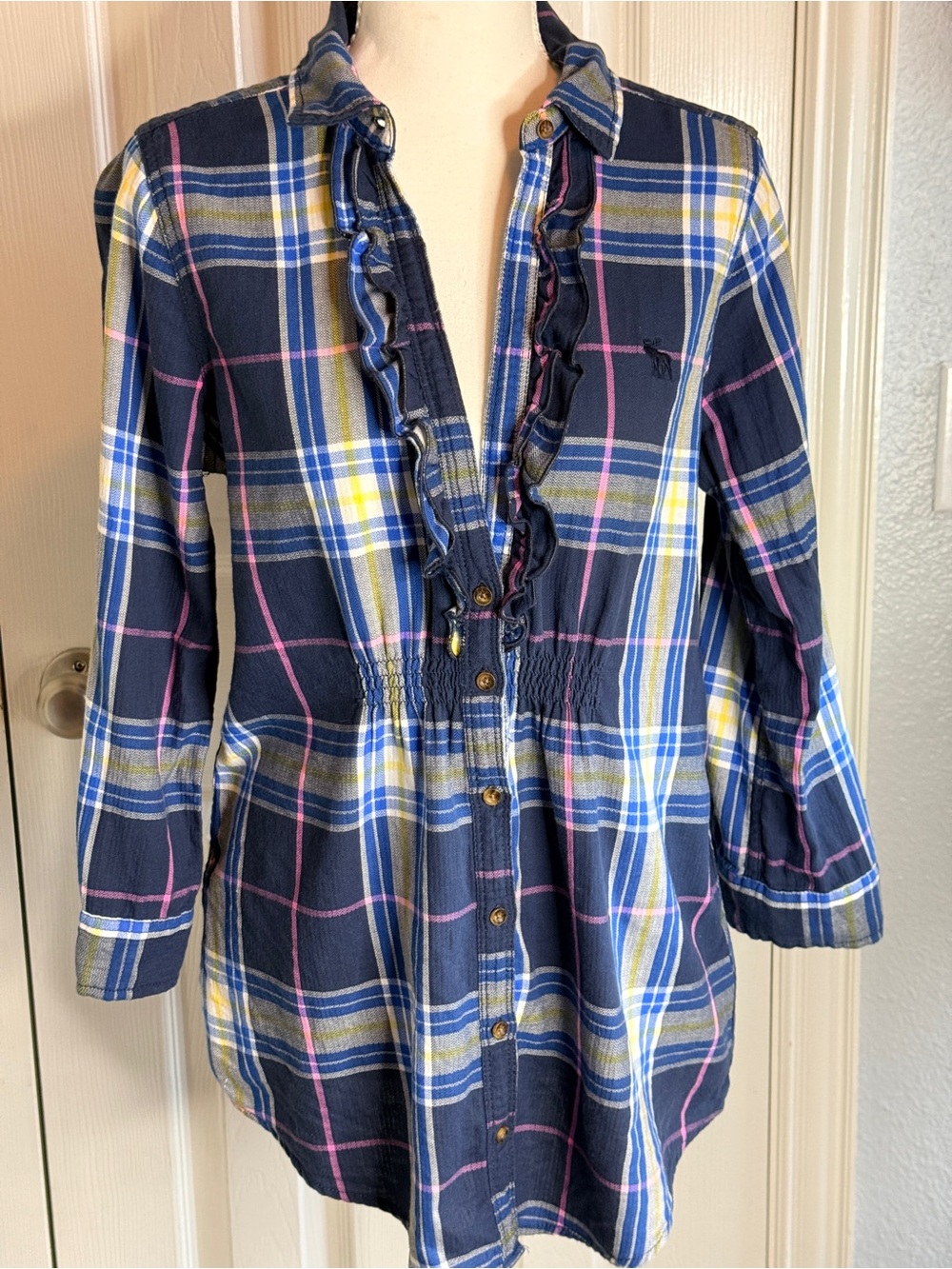 Vintage Abercrombie & Fitch Y2K Plaid Ruffle Babydoll Tunic Top Blouse L